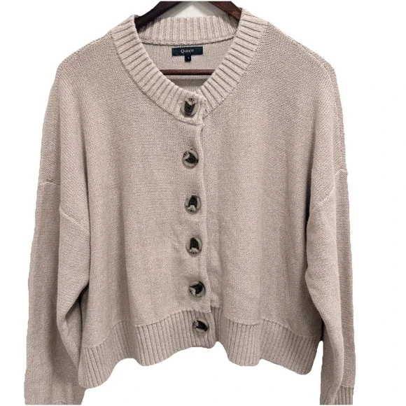 Quince 100% Organic Cotton Cropped Cardigan speckled beige/oatmeal color L - Picture 2 of 10